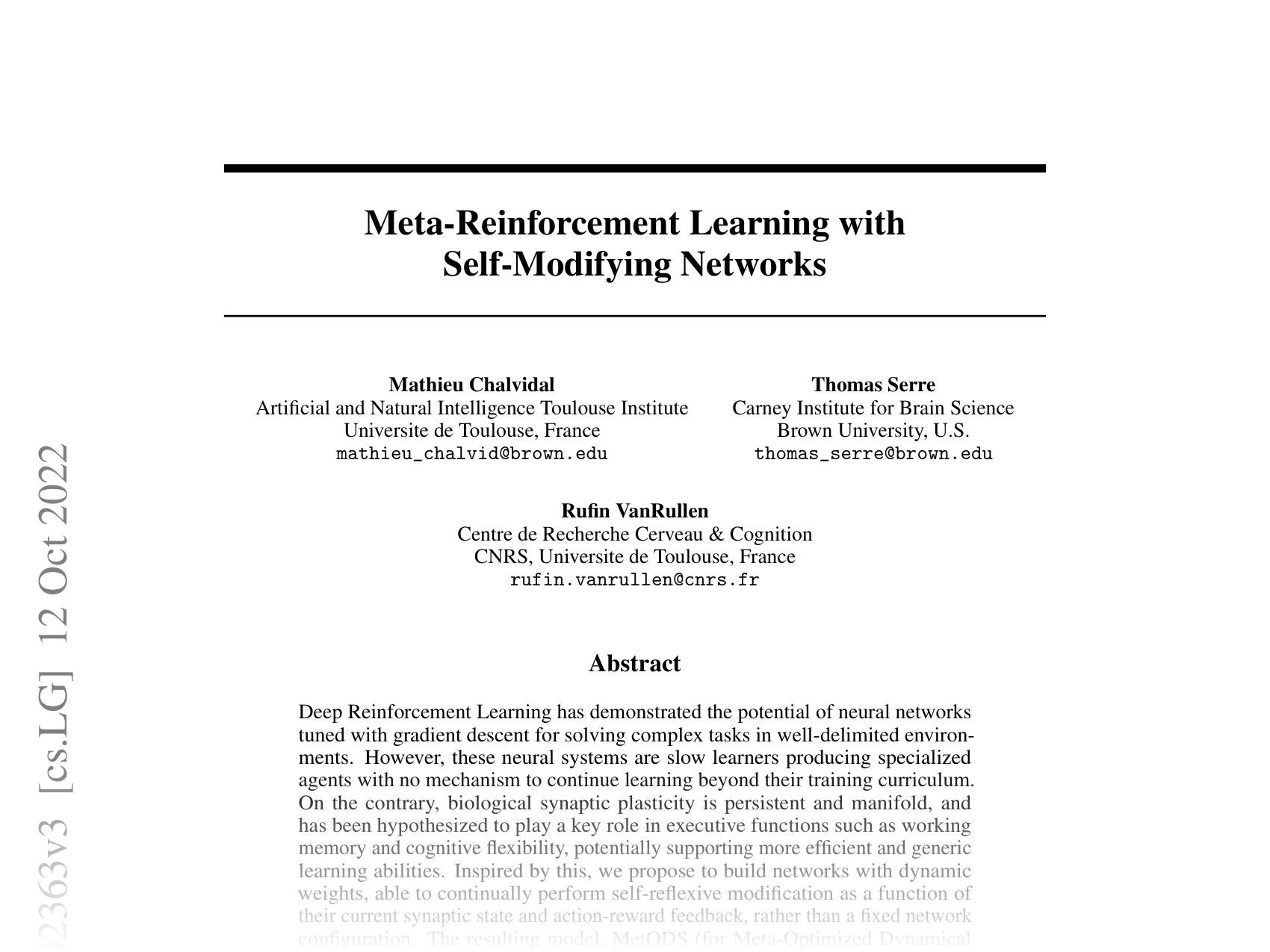 [Meta-Reinforcement Learning with Self-Modifying Networks 🔗](https://arxiv.org/abs/2202.02363)
