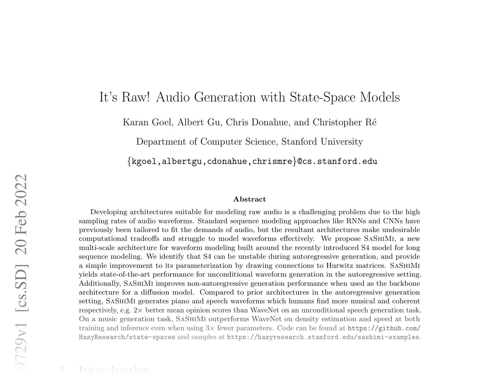 [It's Raw! Audio Generation with State-Space Models 🔗](https://arxiv.org/abs/2202.09729)