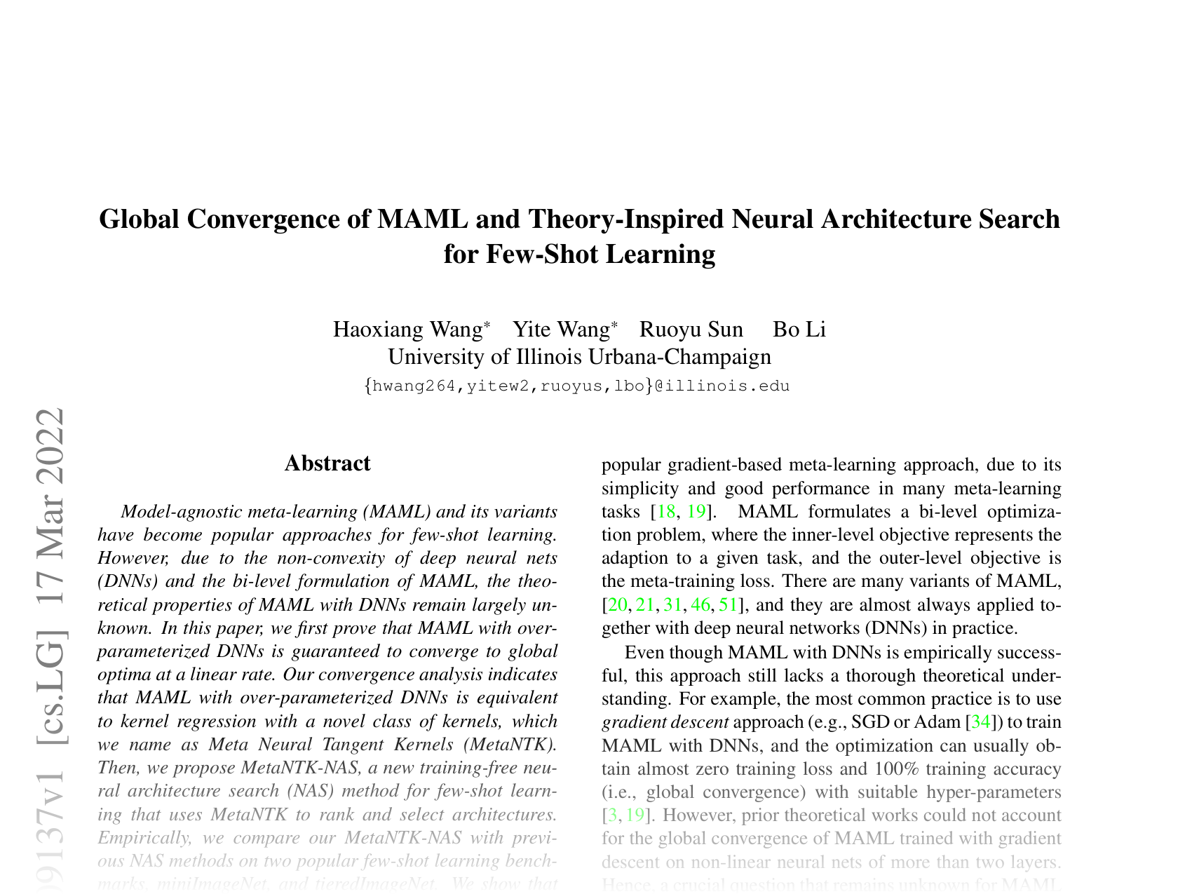 [Global Convergence of MAML and Theory-Inspired Neural Architecture Search for Few-Shot Learning 🔗](https://arxiv.org/abs/2203.09137)
