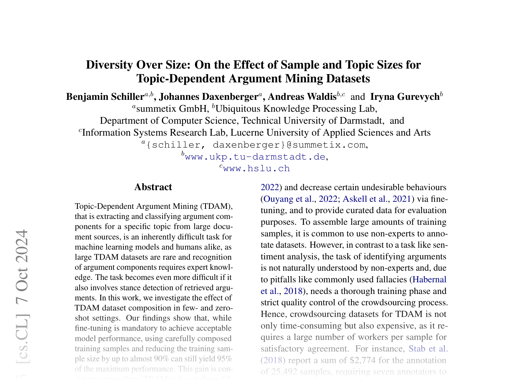 [Diversity Over Size: On the Effect of Sample and Topic Sizes for Topic-Dependent Argument Mining Datasets 🔗](https://arxiv.org/abs/2205.11472)