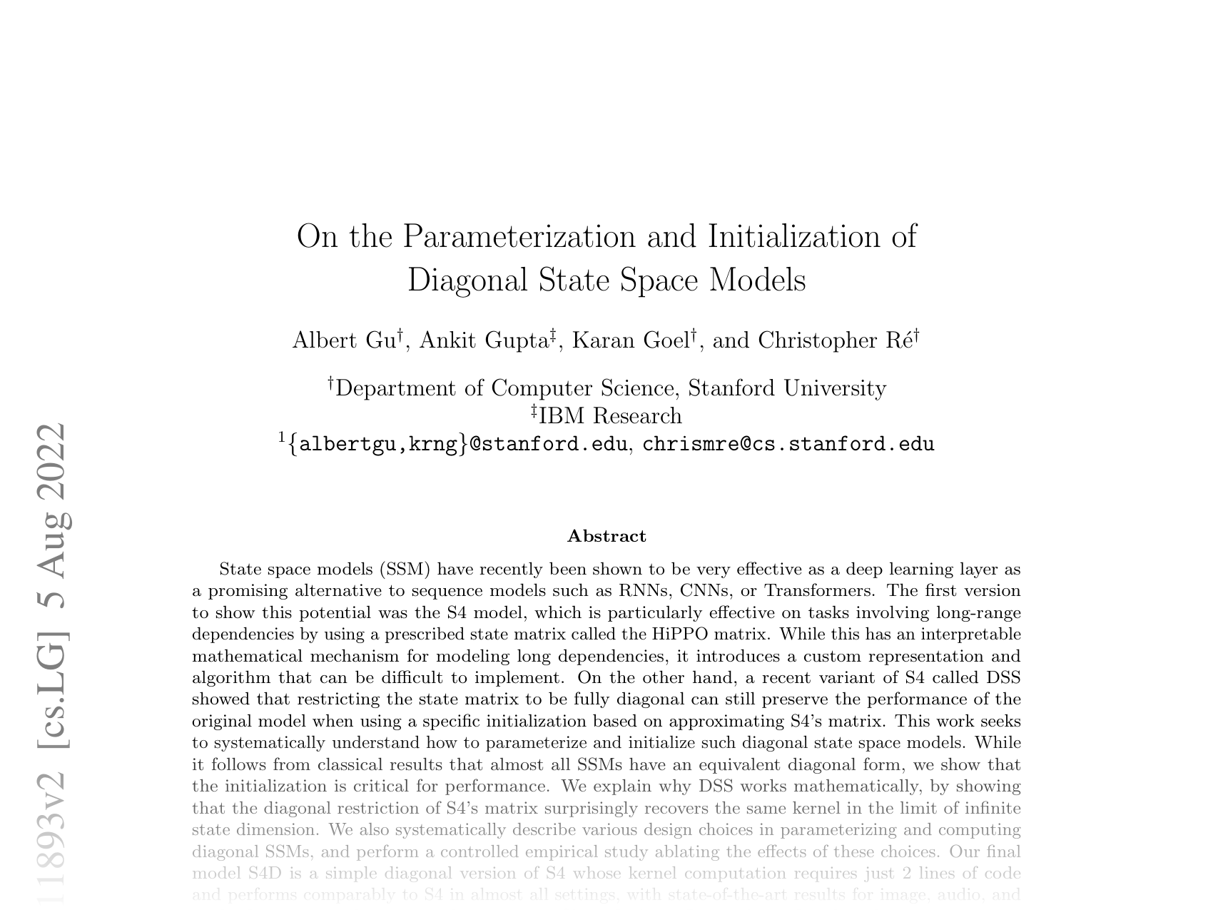 [On the Parameterization and Initialization of Diagonal State Space Models 🔗](https://arxiv.org/abs/2206.11893)