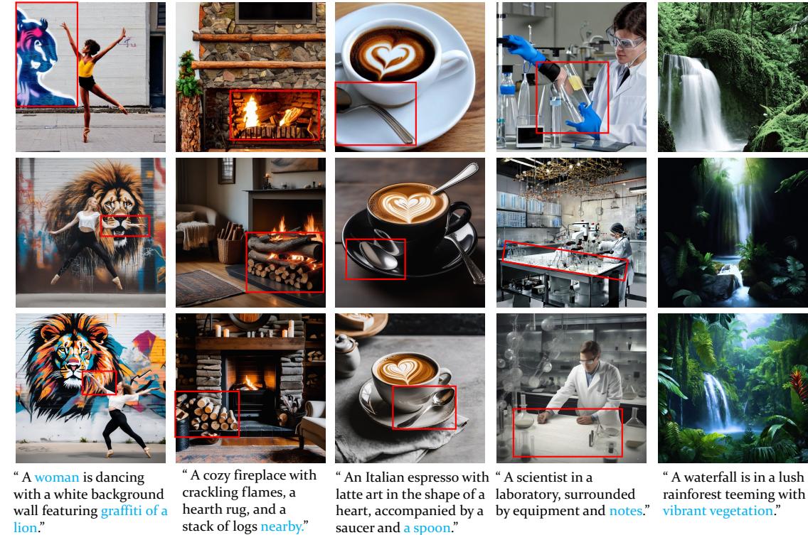 一个网格图比较 LDM、Imagen 与 ContextDiff 在不同文本提示下的文生图表现。