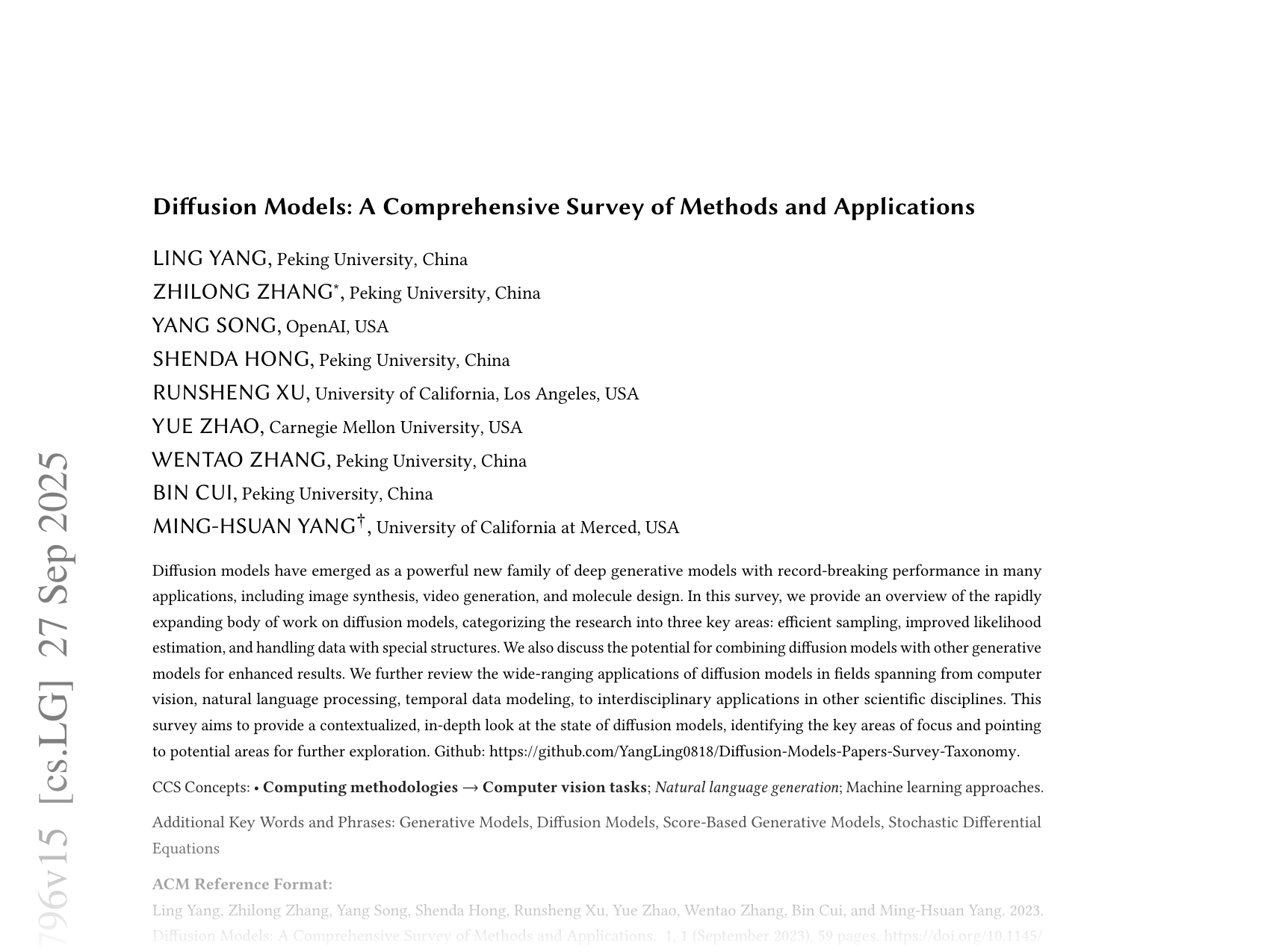 [Diffusion Models: A Comprehensive Survey of Methods and Applications 🔗](https://arxiv.org/abs/2209.00796)