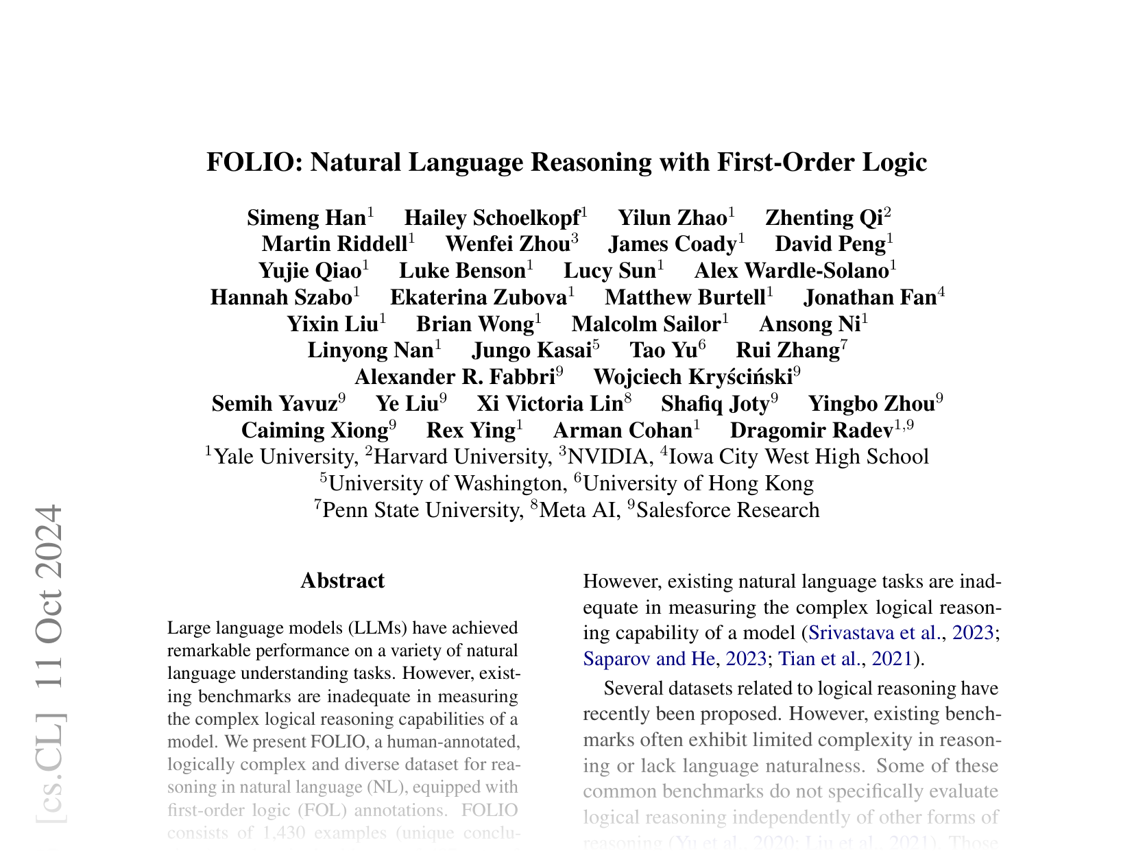 [FOLIO: Natural Language Reasoning with First-Order Logic 🔗](https://arxiv.org/abs/2209.00840)