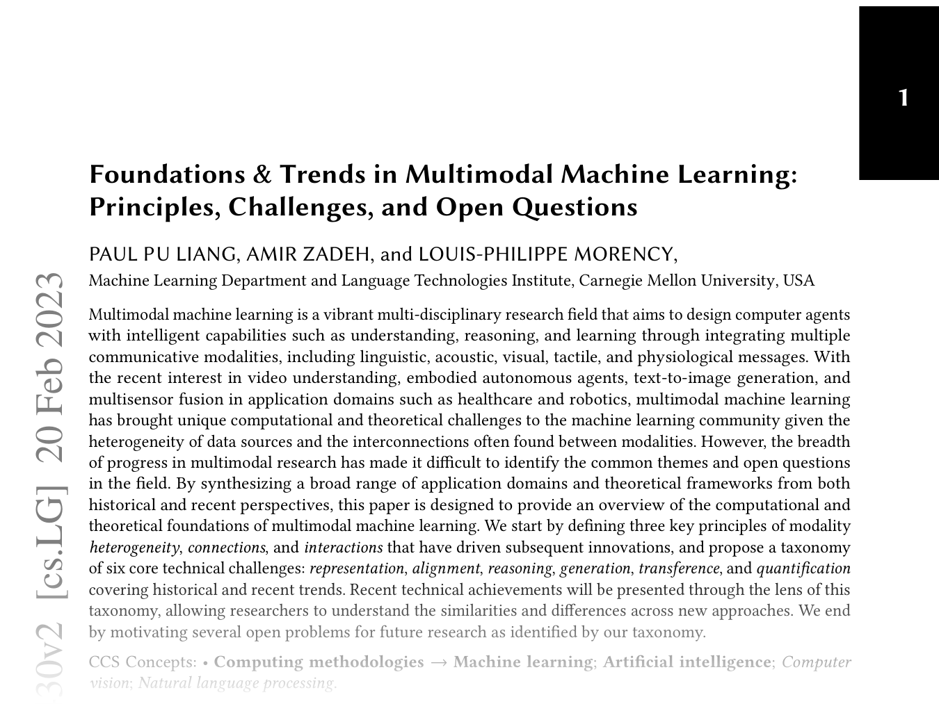 [Foundations & Trends in Multimodal Machine Learning: Principles, Challenges, and Open Questions 🔗](https://arxiv.org/abs/2209.03430)