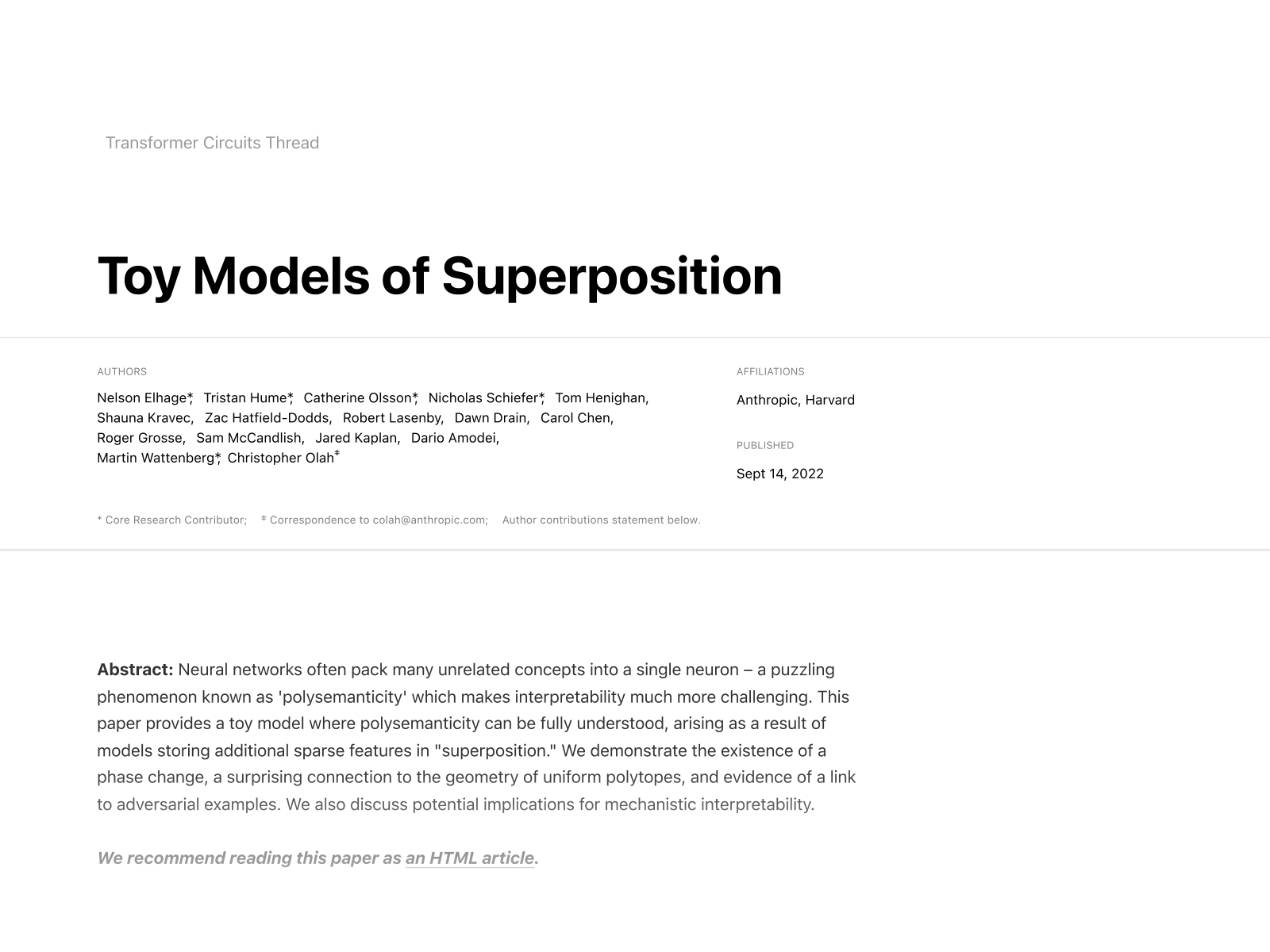 [Toy Models of Superposition 🔗](https://arxiv.org/abs/2209.10652)