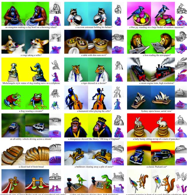 Examples of 3D objects generated from text prompts using DreamFusion, showcasing its ability to create diverse and imaginative scenes.