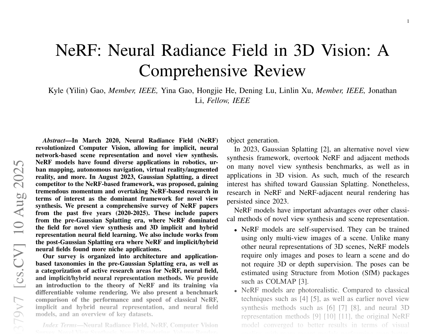 [NeRF: Neural Radiance Field in 3D Vision: A Comprehensive Review 🔗](https://arxiv.org/abs/2210.00379)