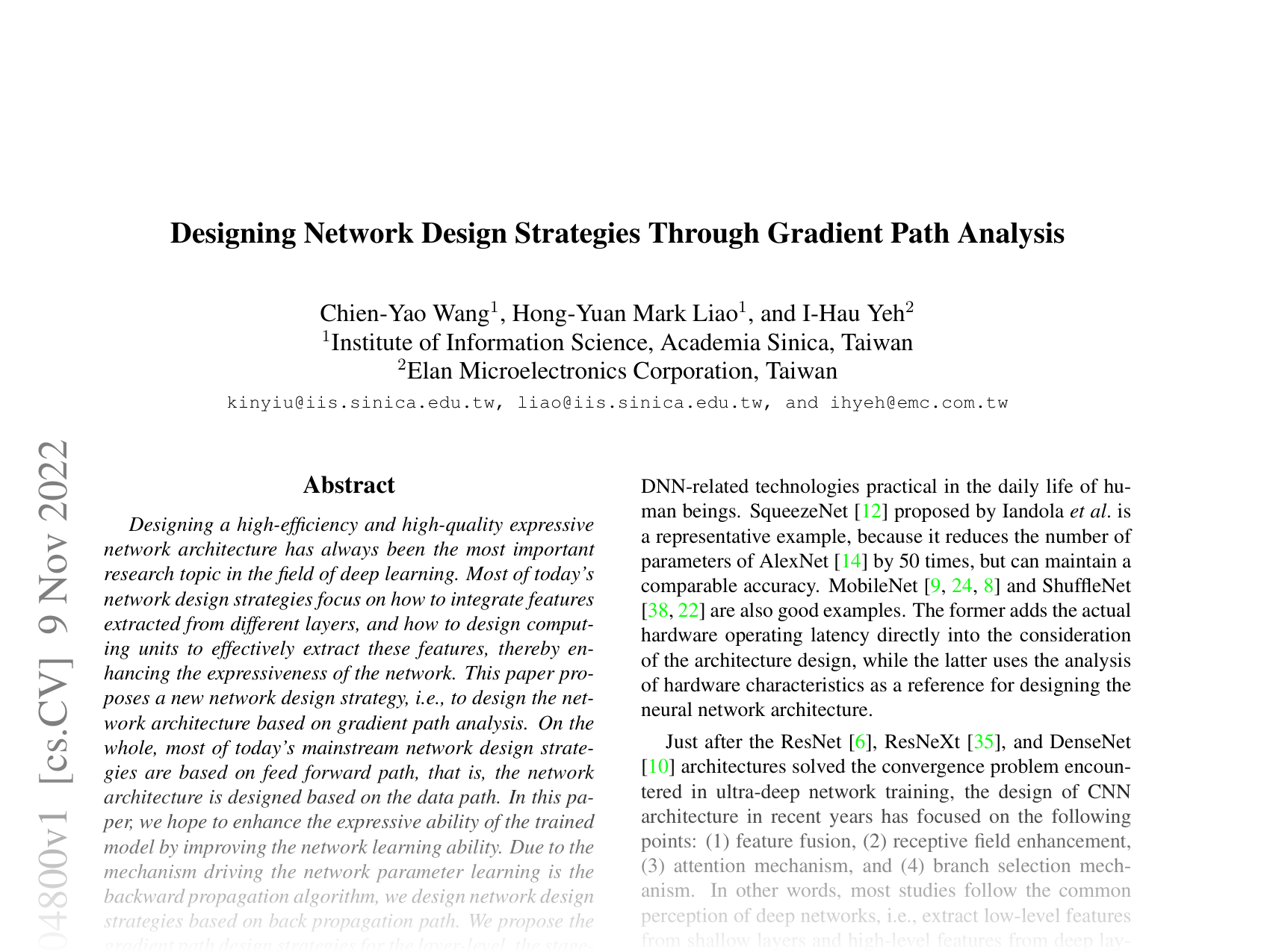 [Designing Network Design Strategies Through Gradient Path Analysis 🔗](https://arxiv.org/abs/2211.04800)