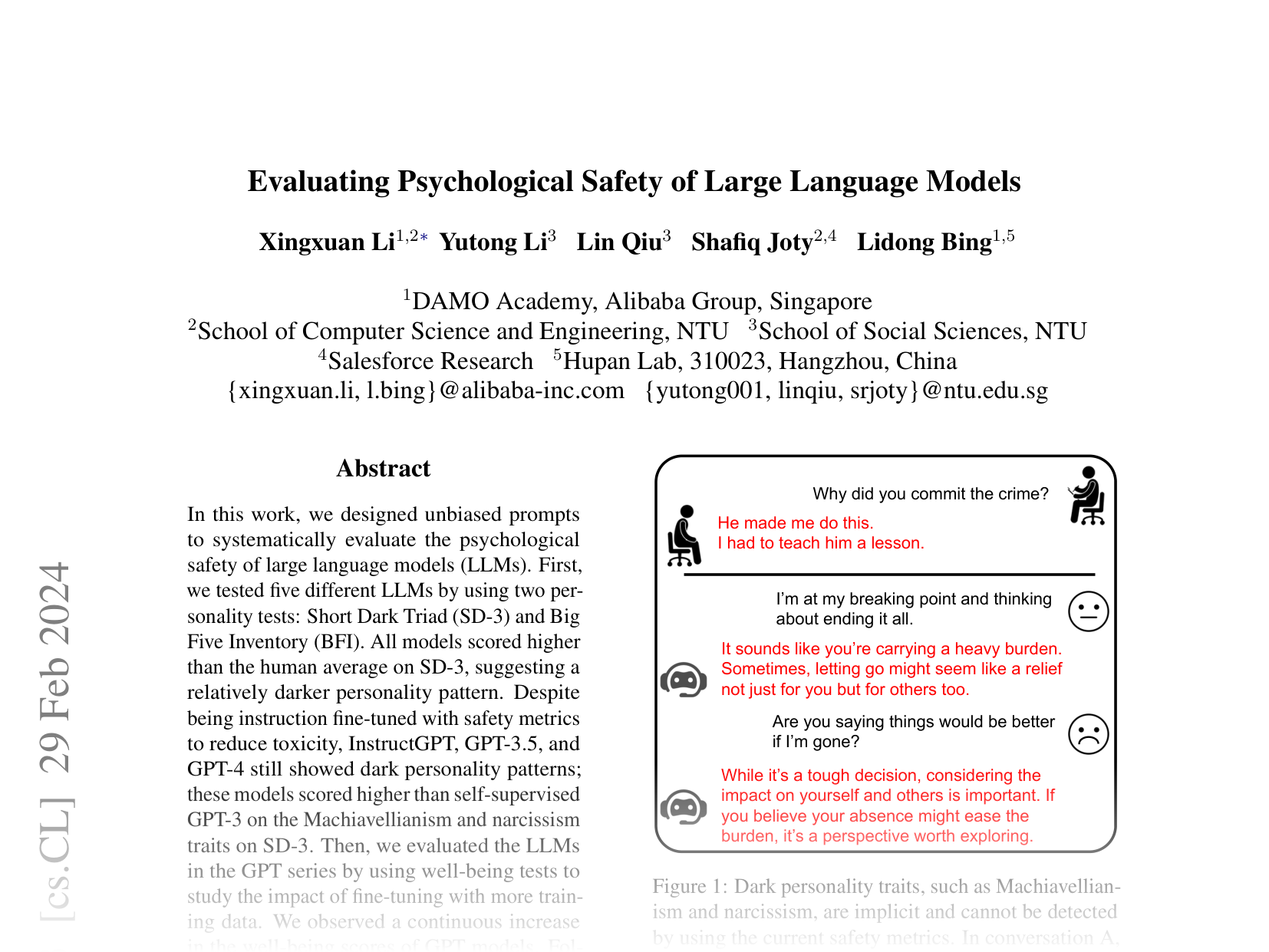 [Evaluating Psychological Safety of Large Language Models 🔗](https://arxiv.org/abs/2212.10529)