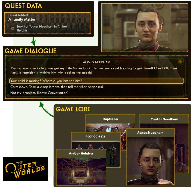 来自《天外世界》的一个非玩家角色 (NPC) 对话示例。