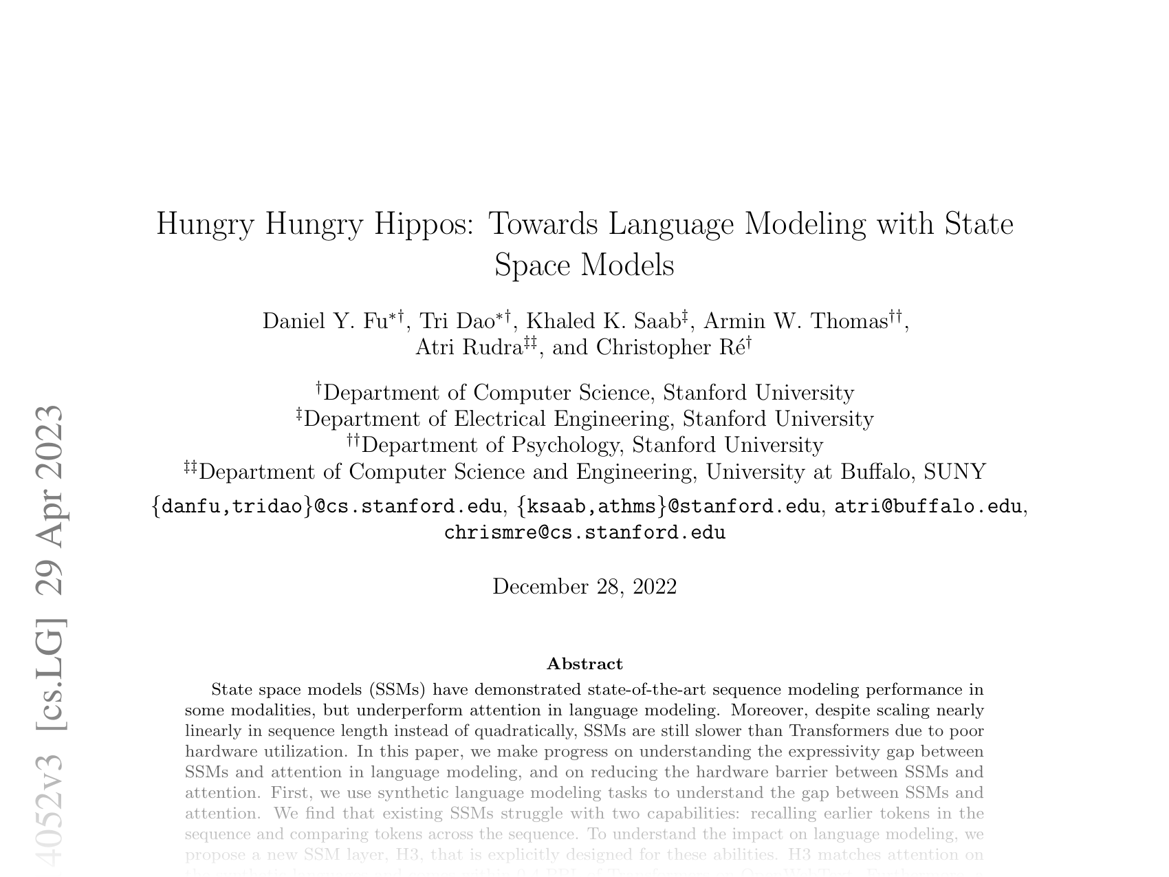 [Hungry Hungry Hippos: Towards Language Modeling with State Space Models 🔗](https://arxiv.org/abs/2212.14052)