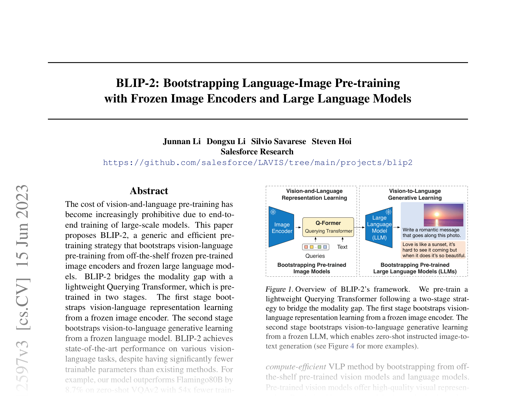 [BLIP-2: Bootstrapping Language-Image Pre-training with Frozen Image Encoders and Large Language Models 🔗](https://arxiv.org/abs/2301.12597)