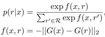 Equation 4 defining the probability of retrieving a sequence r given x based on the exponential of the negative L2 distance between their vector representations.