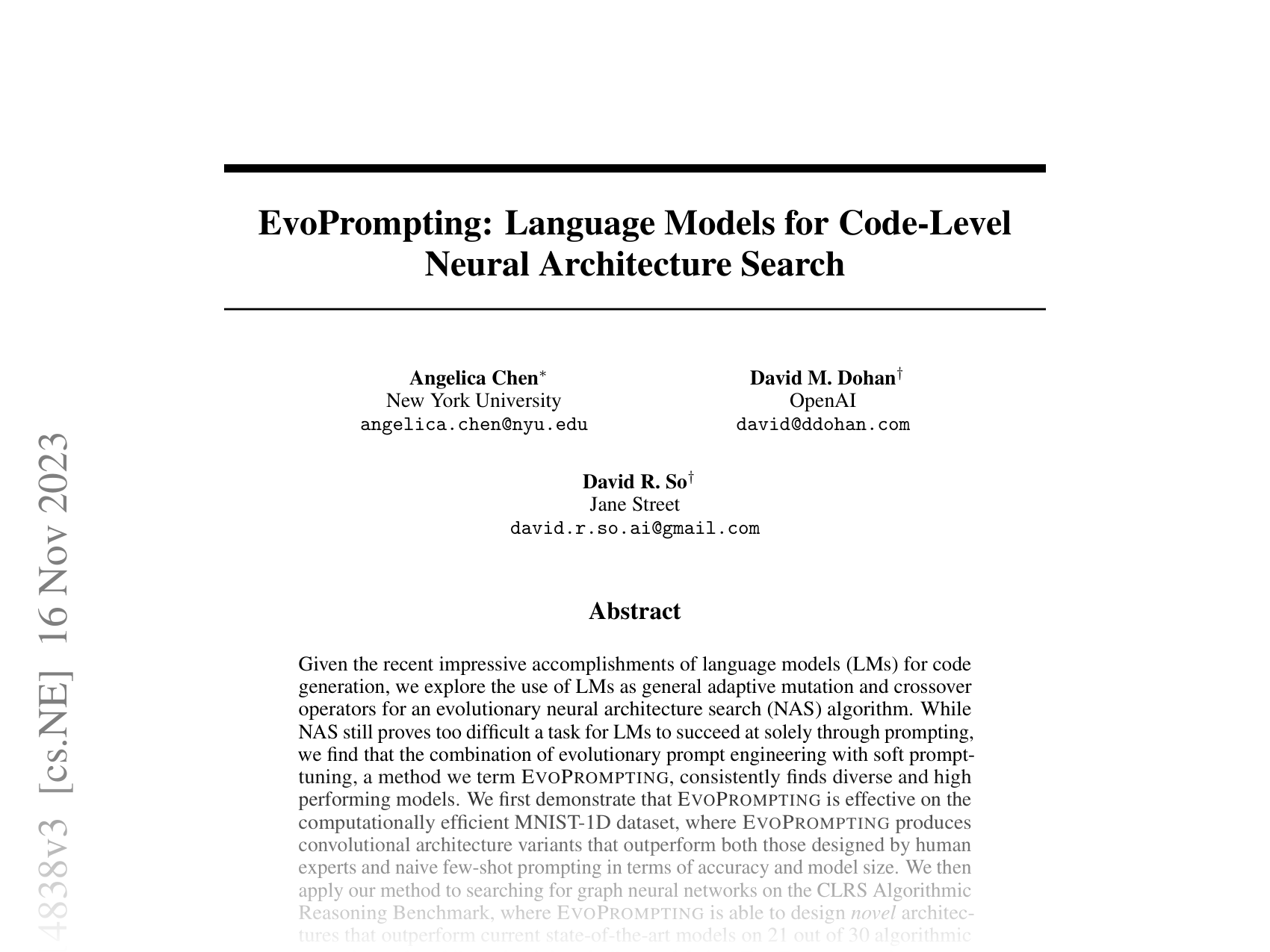 [EvoPrompting: Language Models for Code-Level Neural Architecture Search 🔗](https://arxiv.org/abs/2302.14838)