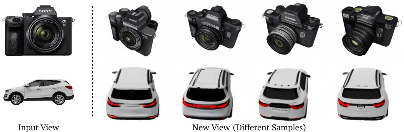 Multiple different plausible back views of a camera given only the front view.