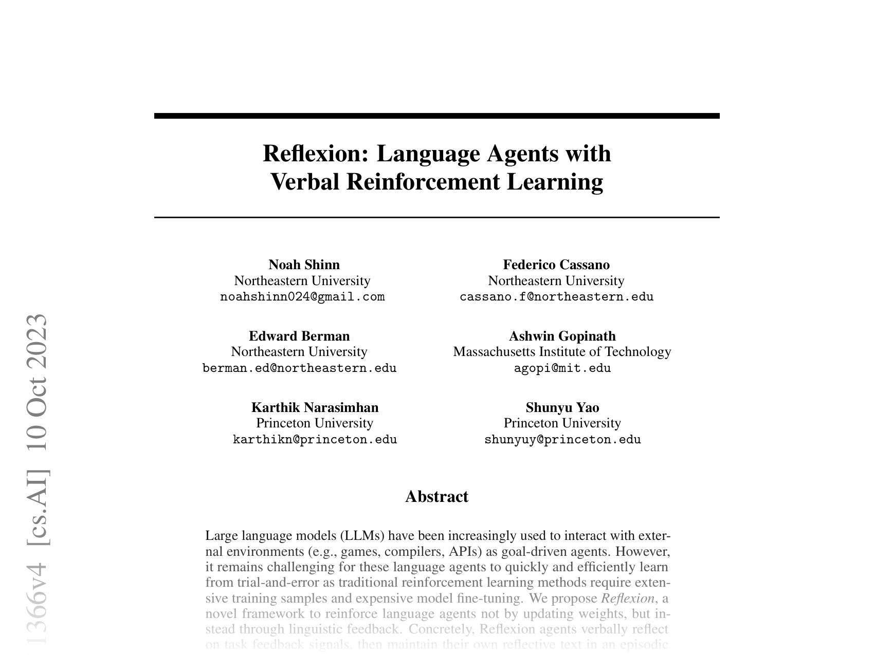 [Reflection: Language Agents with Verbal Reinforcement Learning 🔗](https://arxiv.org/abs/2303.11366)