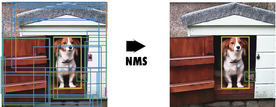 A before-and-after diagram showing multiple bounding box predictions around a dog, which are then filtered to a single box using NMS.