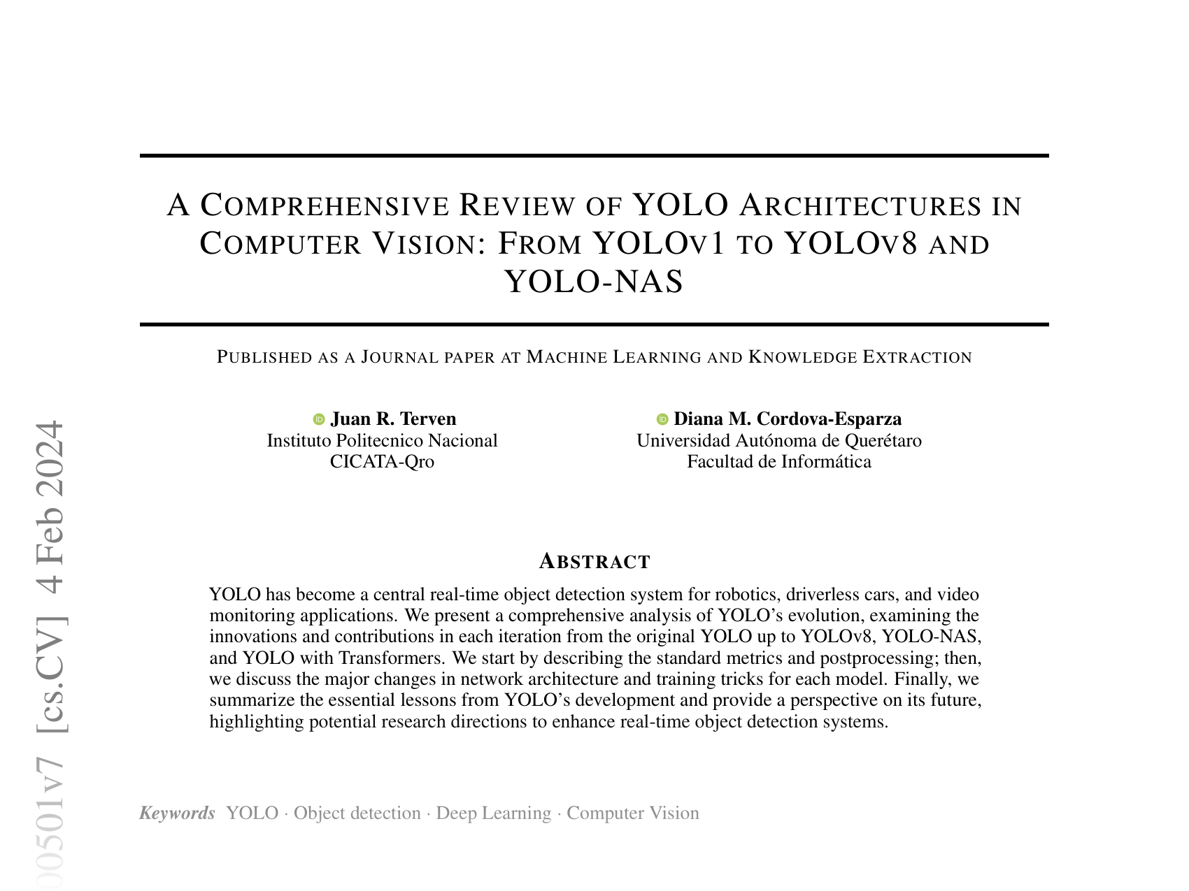 [A COMPREHENSIVE REVIEW OF YOLO ARCHITECTURES IN COMPUTER VISION: FROM YOLOV1 TO YOLOV8 AND YOLO-NAS 🔗](https://arxiv.org/abs/2304.00501)