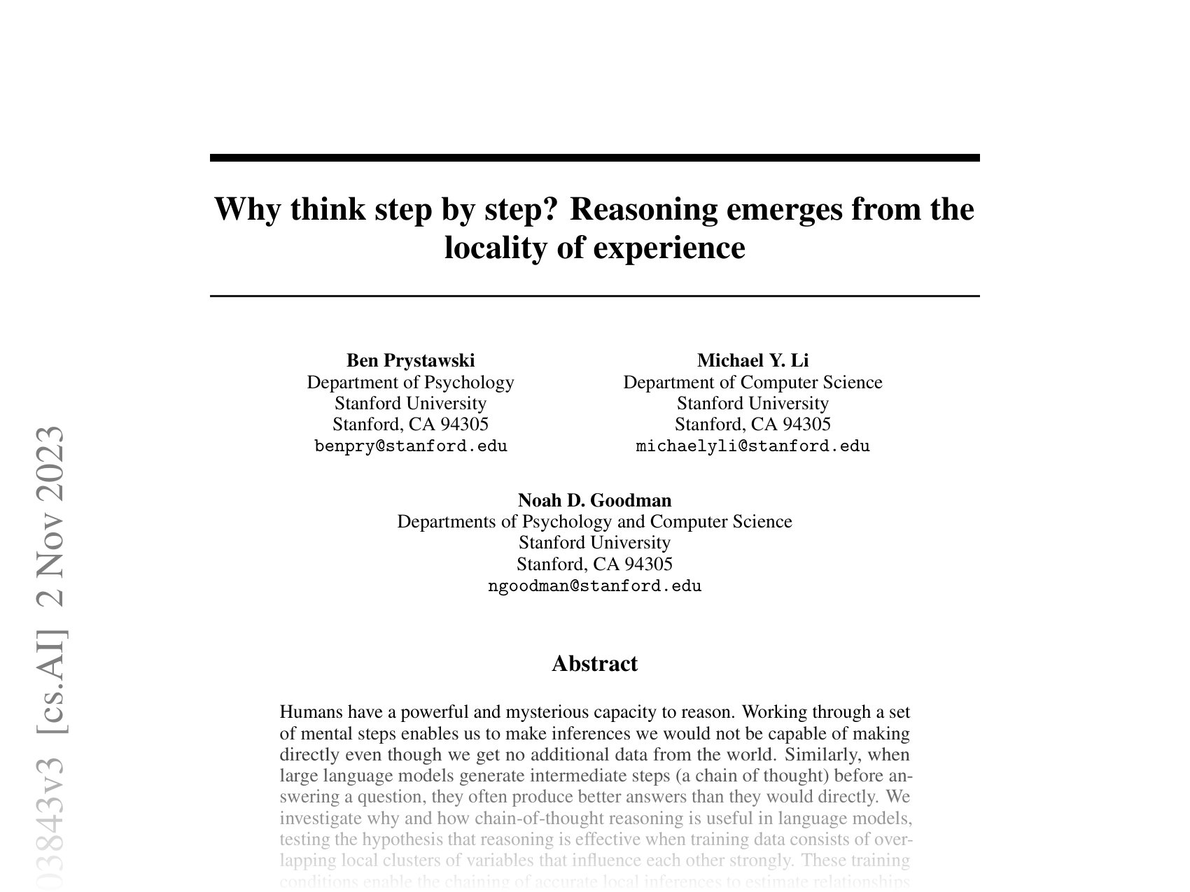 [Why think step by step? Reasoning emerges from the locality of experience 🔗](https://arxiv.org/abs/2304.03843)