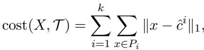 The cost of an explainable clustering T for a dataset X.