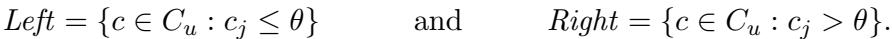 The rule for splitting centers at a node u based on a random cut.