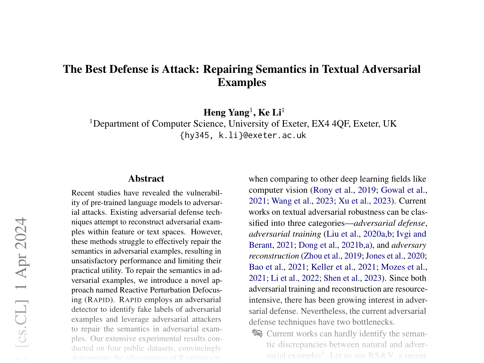 [The Best Defense is Attack: Repairing Semantics in Textual Adversarial Examples 🔗](https://arxiv.org/abs/2305.04067)