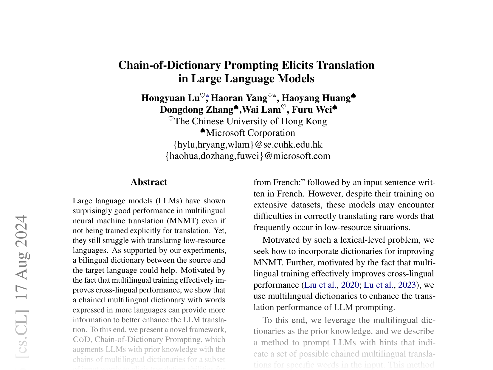 [Chain-of-Dictionary Prompting Elicits Translation in Large Language Models 🔗](https://arxiv.org/abs/2305.06575)