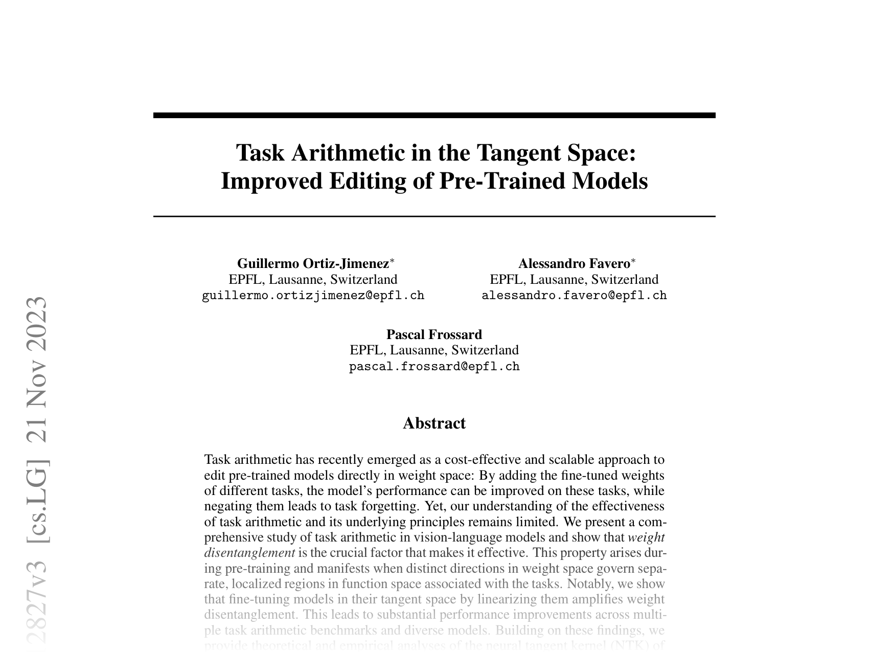[Task Arithmetic in the Tangent Space: Improved Editing of Pre-Trained Models 🔗](https://arxiv.org/abs/2305.12827)