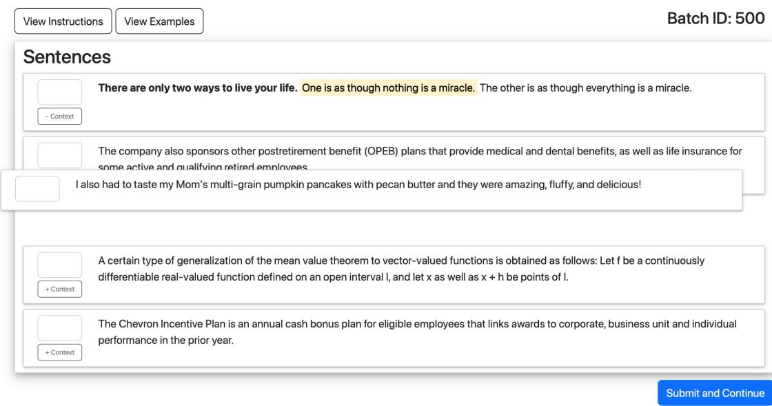 Figure 16: Screenshot of the developed annotation interface for rating English readability sentences. Annotators first rank sentences according to their readability level by simply dragging the box.