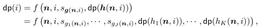 The general form of a DP transition function, where the solution to the current subproblem depends on the input and previously computed DP values.
