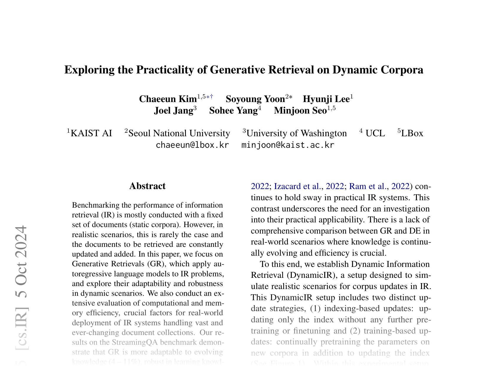 [Exploring the Practicality of Generative Retrieval on Dynamic Corpora 🔗](https://arxiv.org/abs/2305.18952)