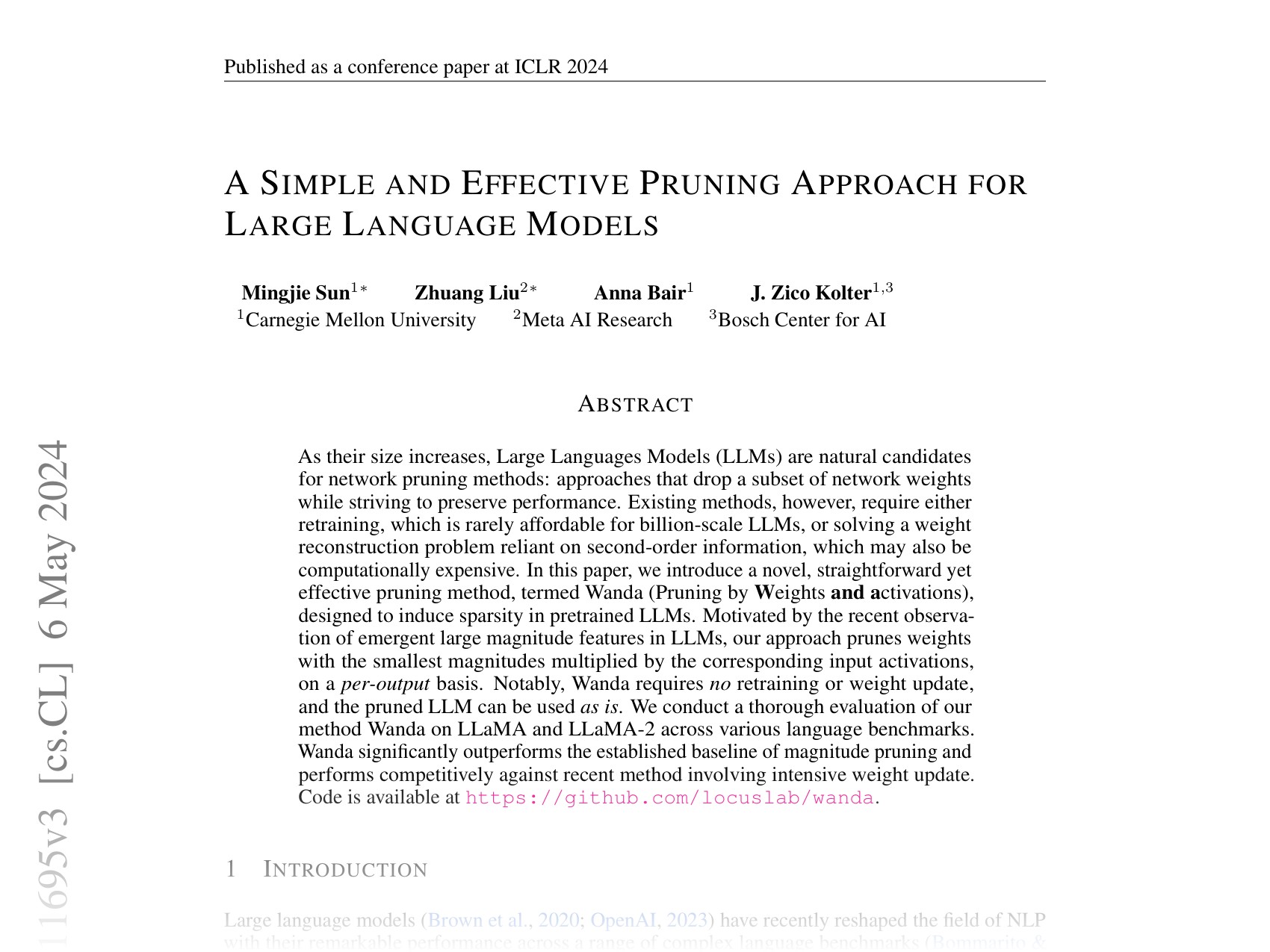 [A SIMPLE AND EFFECTIVE PRUNING APPROACH FOR LARGE LANGUAGE MODELS 🔗](https://arxiv.org/abs/2306.11695)