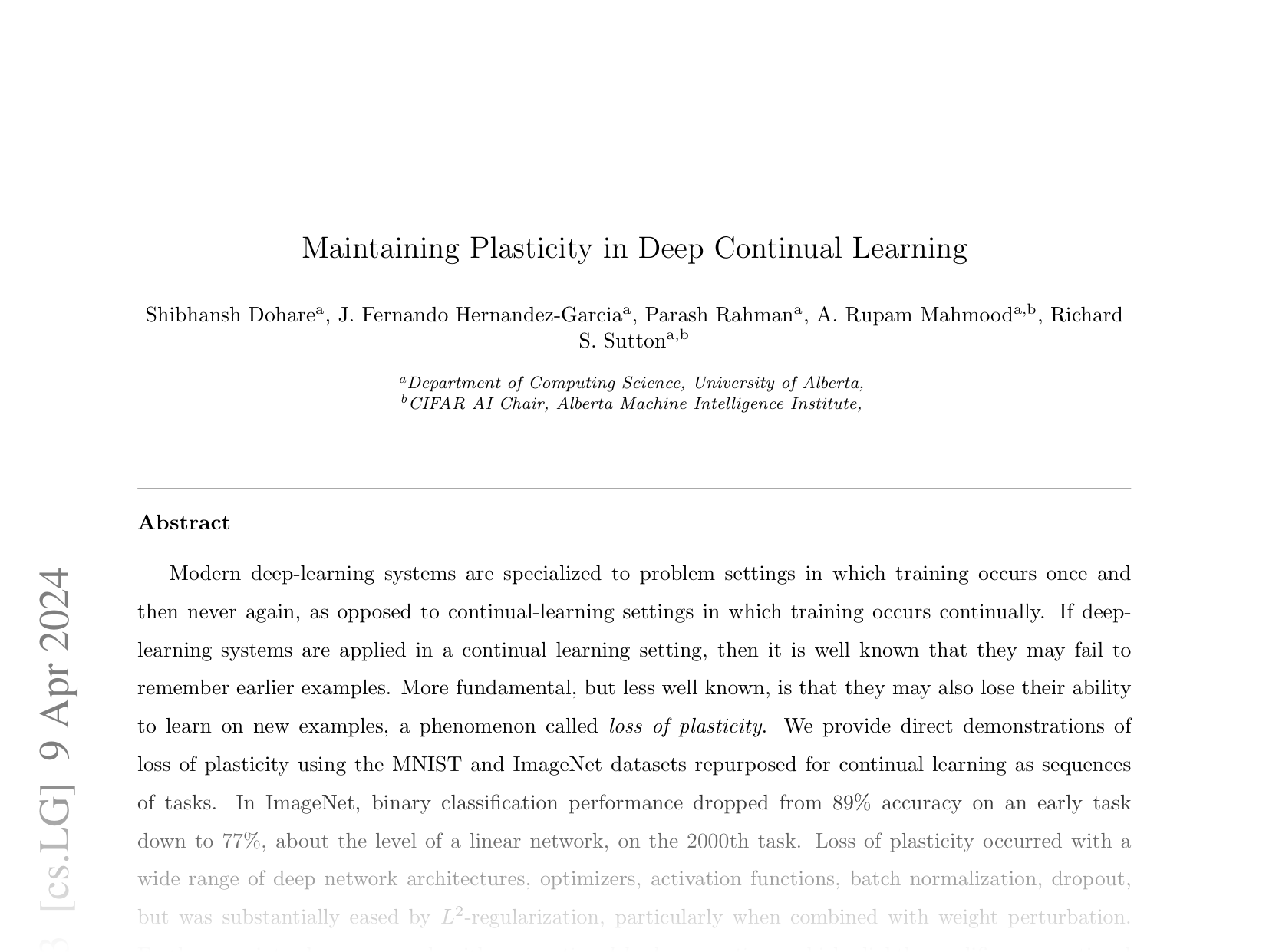 [Maintaining Plasticity in Deep Continual Learning 🔗](https://arxiv.org/abs/2306.13812)