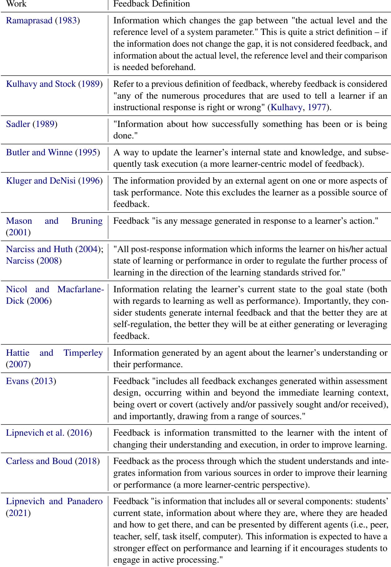 表 2: 不同教育学著作对反馈的定义。