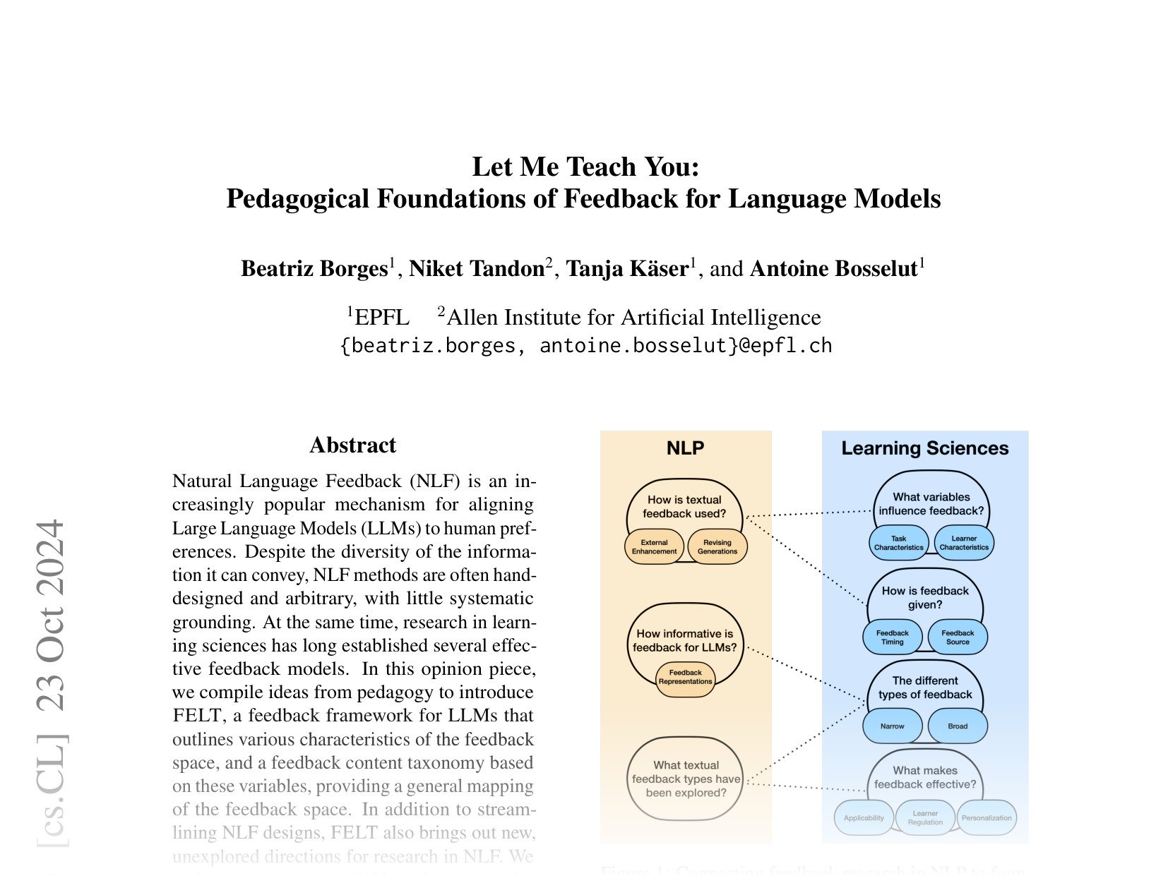 [Let Me Teach You: Pedagogical Foundations of Feedback for Language Models 🔗](https://arxiv.org/abs/2307.00279)
