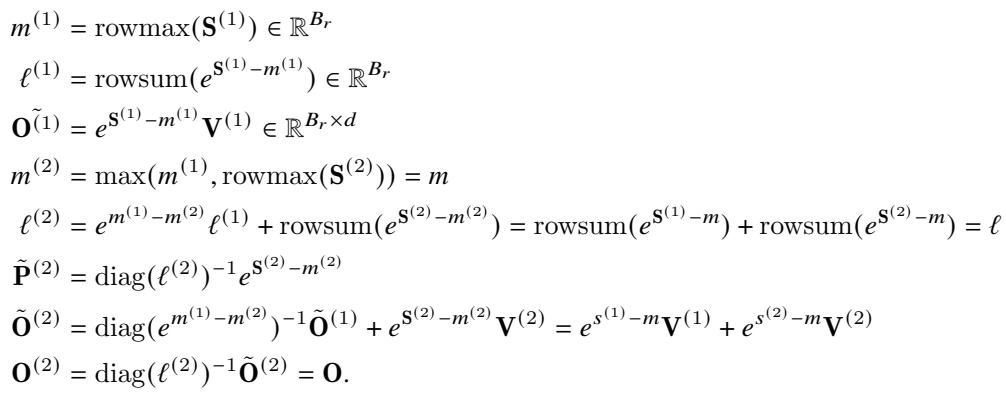 The updated online softmax equations for FlashAttention-2.