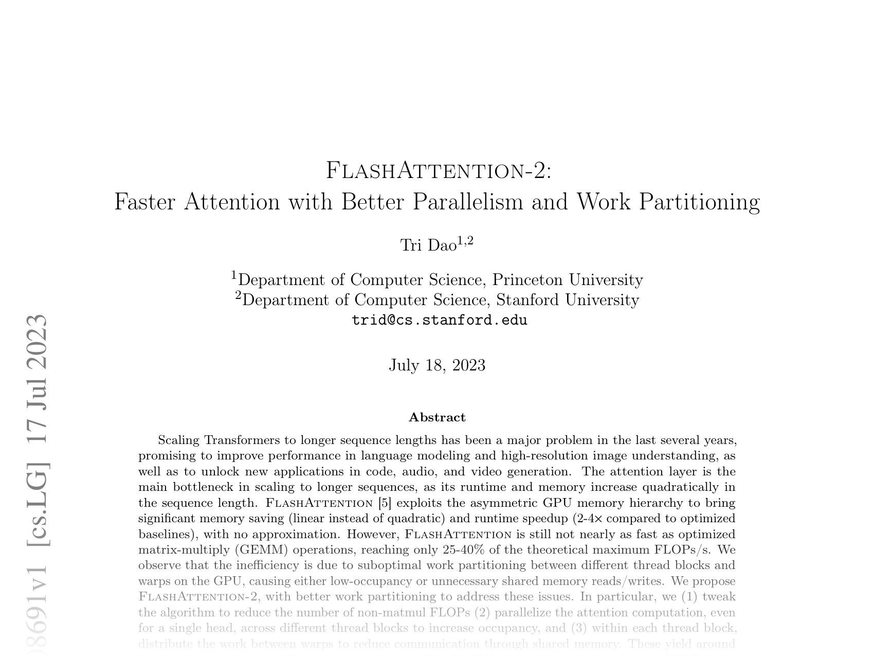 [FLASHATTENTION-2: Faster Attention with Better Parallelism and Work Partitioning 🔗](https://arxiv.org/abs/2307.08691)