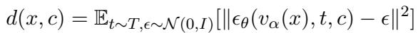 定义去噪扩散分数的公式，即预测噪声与实际噪声之间差值的平方期望。