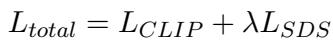 总损失函数是 CLIP 损失和加权 SDS 损失的总和。