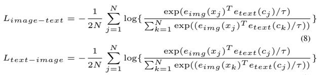 CLIP 对比损失的详细公式，显示了正样本对和负样本对的求和。