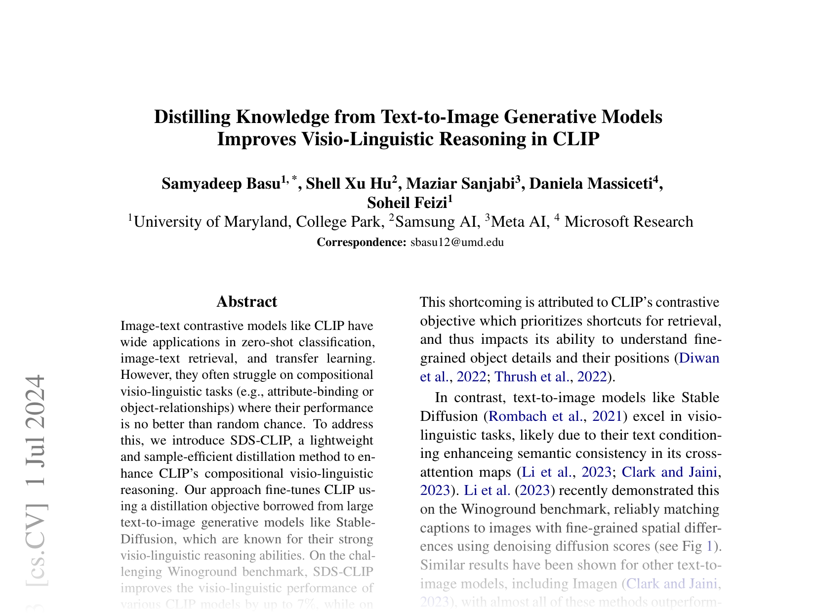 [Distilling Knowledge from Text-to-Image Generative Models Improves Visio-Linguistic Reasoning in CLIP 🔗](https://arxiv.org/abs/2307.09233)