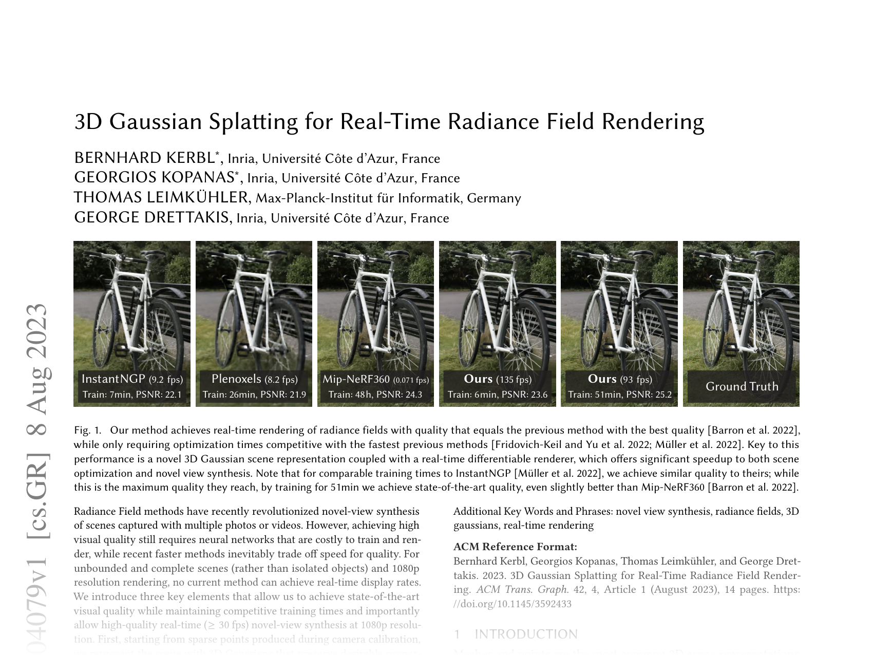 [3D Gaussian Splatting for Real-Time Radiance Field Rendering 🔗](https://arxiv.org/abs/2308.04079)
