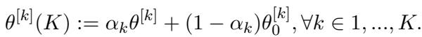 定义第 k 部分合并参数 theta(K) 的方程，它是对齐模型 theta 和初始模型 theta_0 使用比率 alpha_k 的加权和。