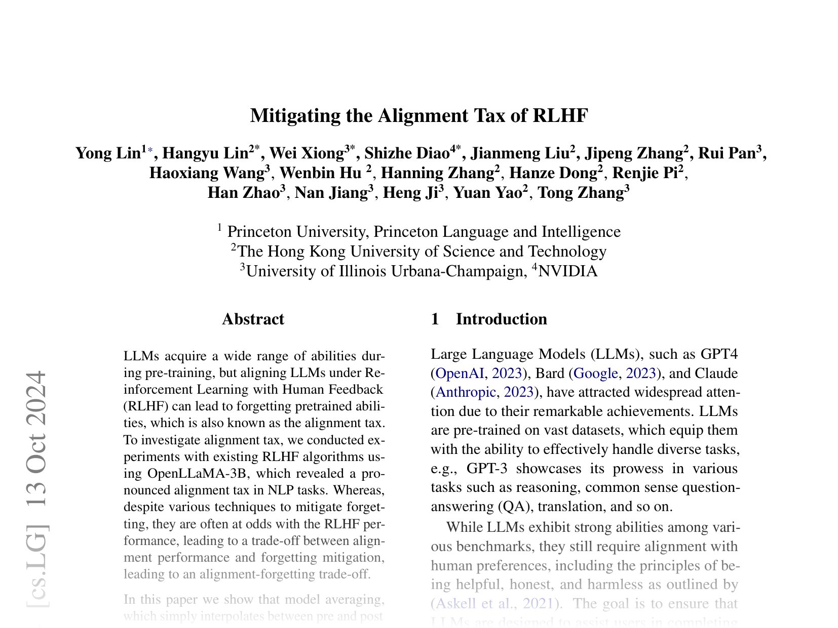 [Mitigating the Alignment Tax of RLHF 🔗](https://arxiv.org/abs/2309.06256)