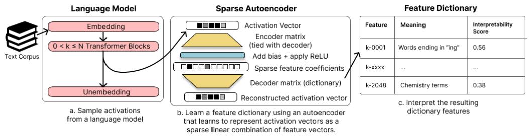 该方法的概览。首先,从语言模型中采样激活值。其次,使用稀疏自动编码器学习一个特征字典。第三,解释得到的特征。