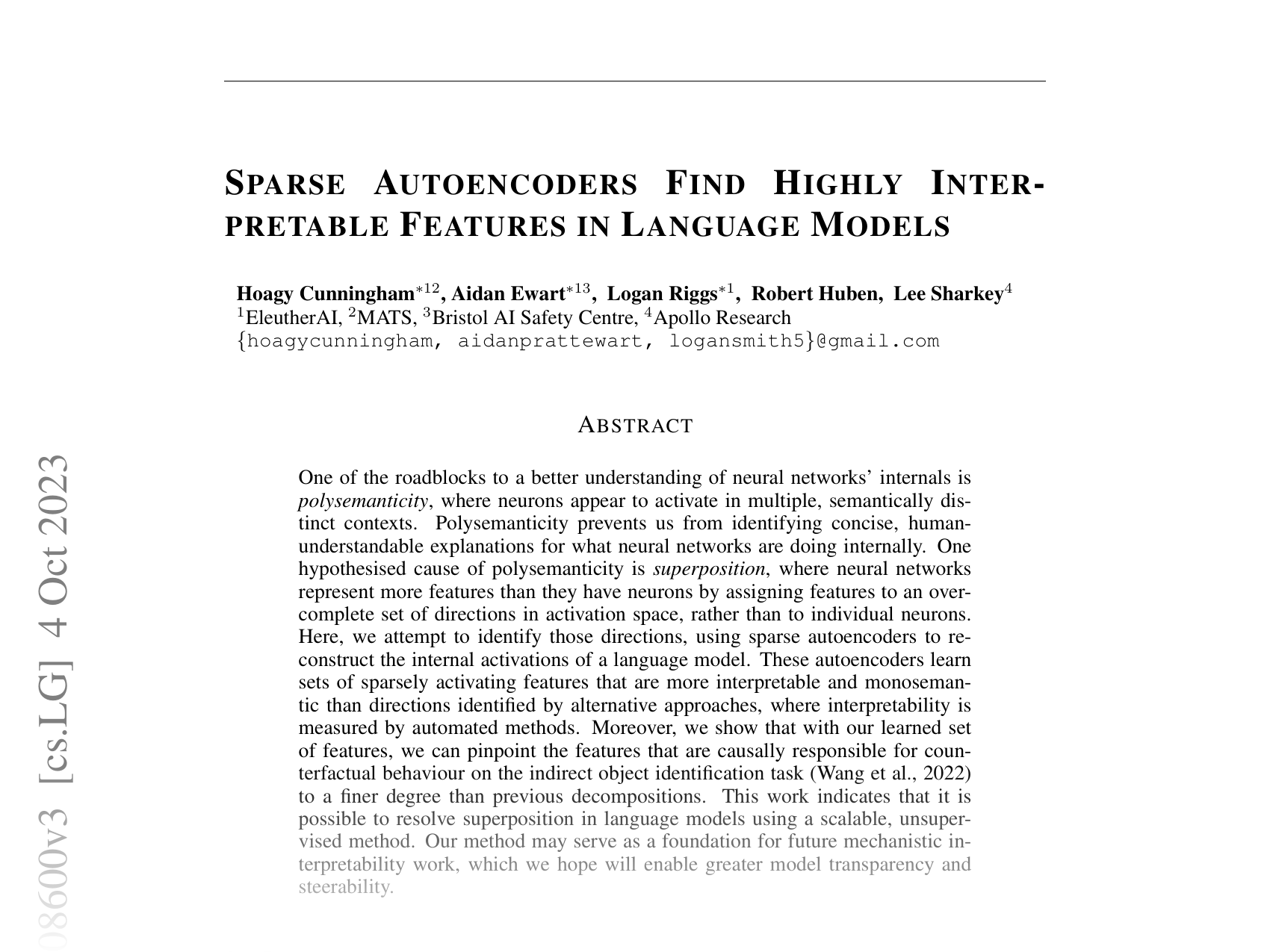 [SPARSE AUTOENCODERS FIND HIGHLY INTERPRETABLE FEATURES IN LANGUAGE MODELS 🔗](https://arxiv.org/abs/2309.08600)