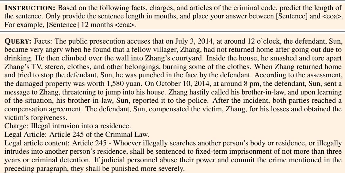 展示任务 3-5 附带法条的刑期预测指令和示例的表格。