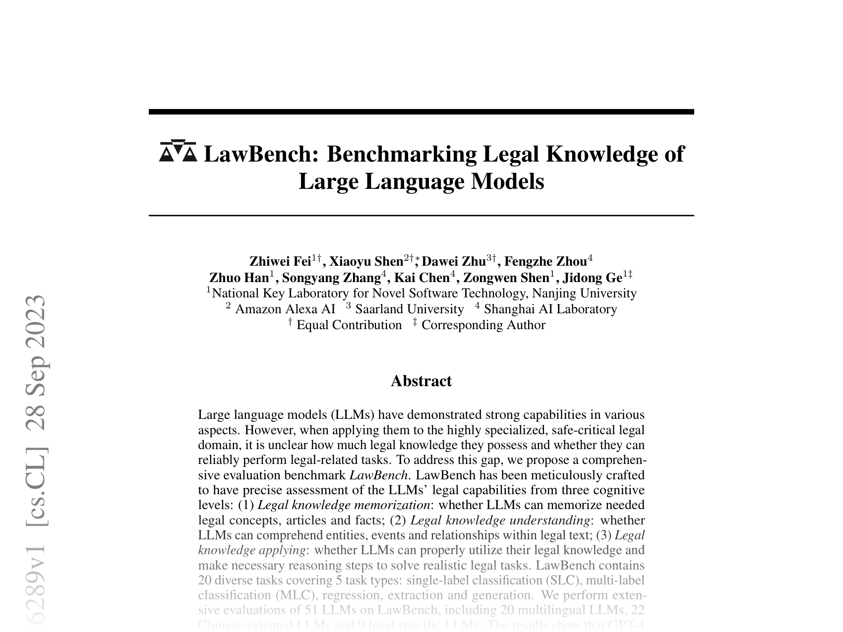 [LawBench: Benchmarking Legal Knowledge of Large Language Models 🔗](https://arxiv.org/abs/2309.16289)