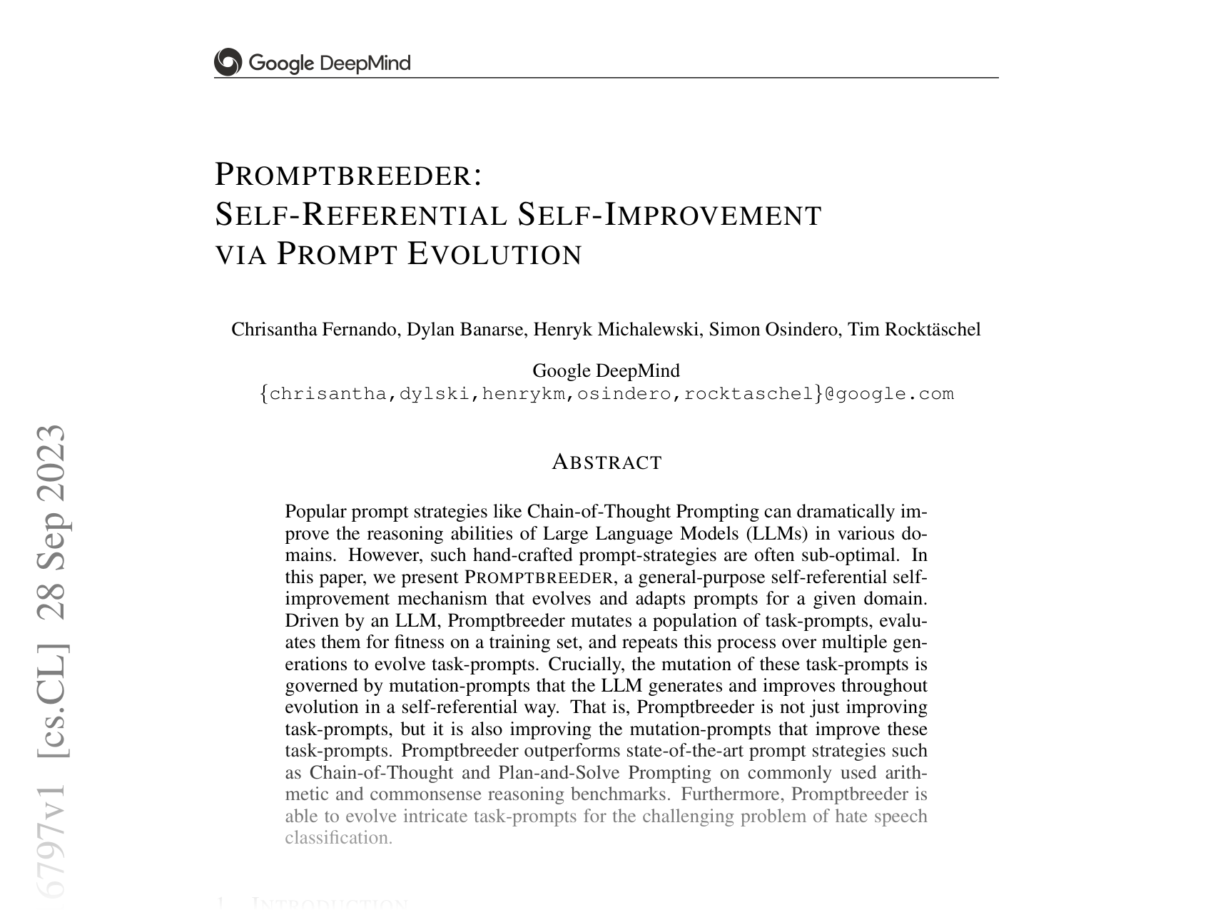 [PROMPTBREEDER: SELF-REFERENTIAL SELF-IMPROVEMENT VIA PROMPT EVOLUTION 🔗](https://arxiv.org/abs/2309.16797)